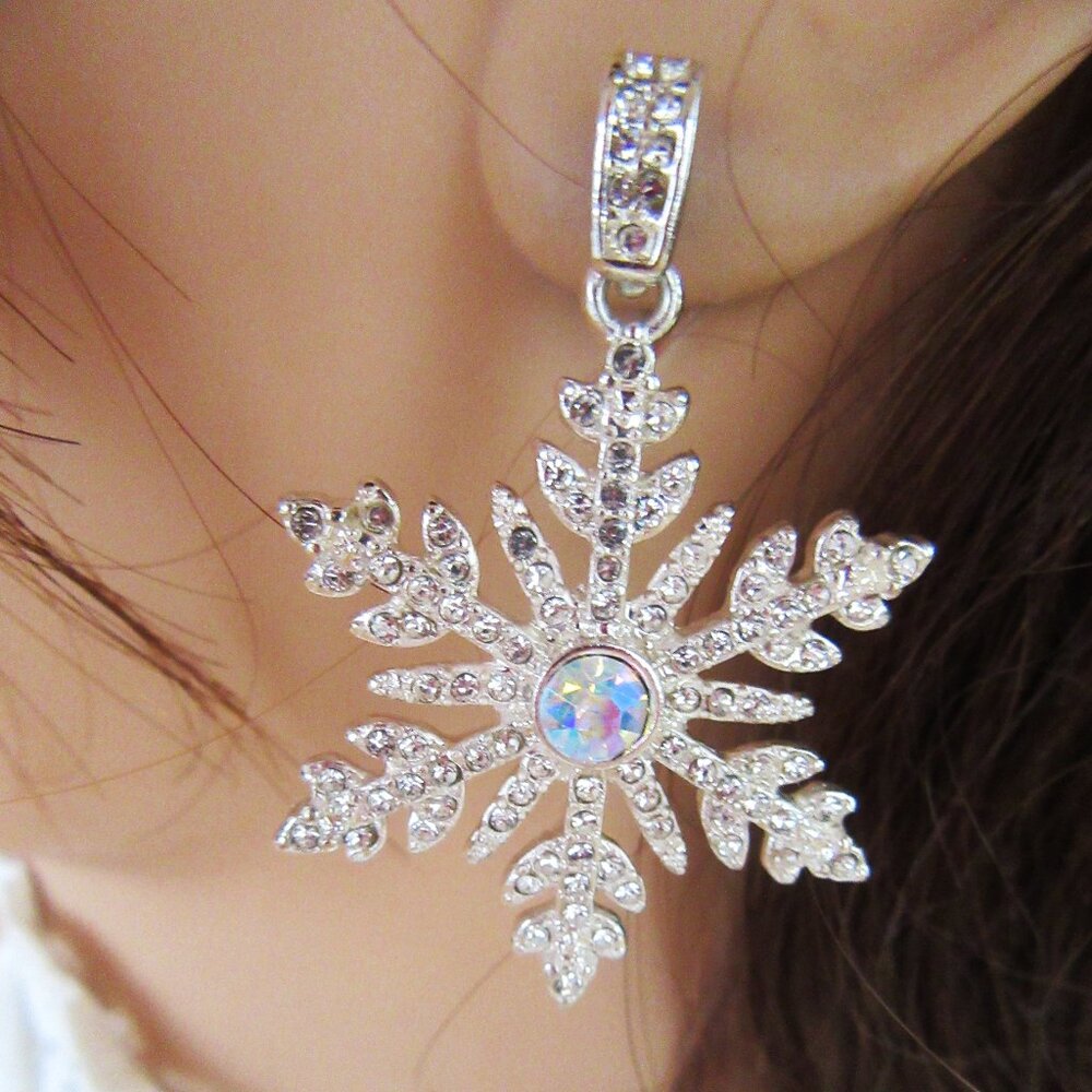 Silvertone snowflake pierced earrings - pave clear rhinestones & aurora borealis